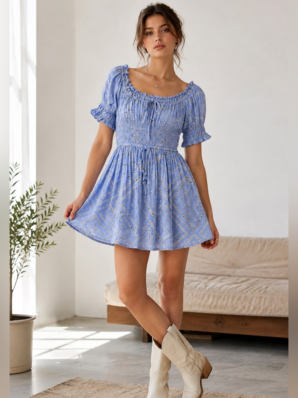 NWT Kimchi Blue Sofia Smocked Tie Front Mini Dress Blue Floral Small Milkmaid